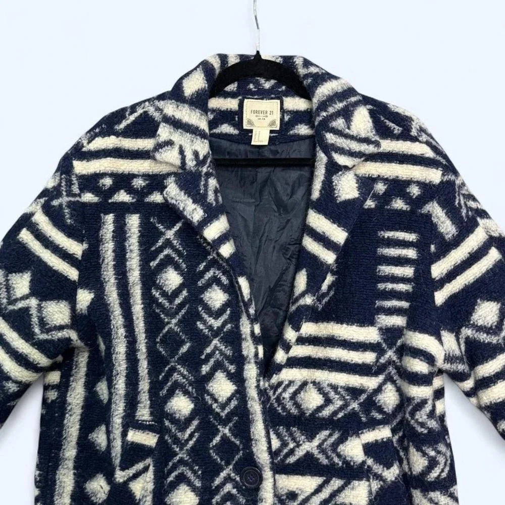 Forever 21 Women's M Navy Cream Aztec Wool Blend‎ Coat Indie Sleaze Southwestern